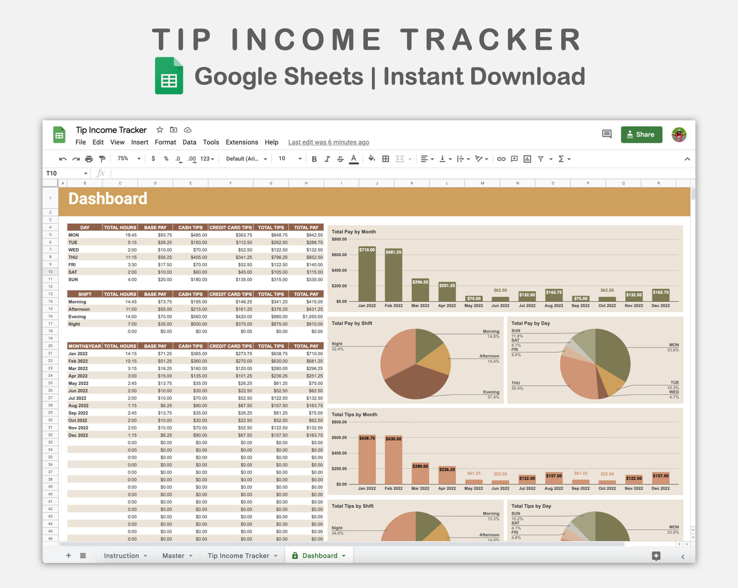 Google Sheets - Tip Income Tracker - Boho