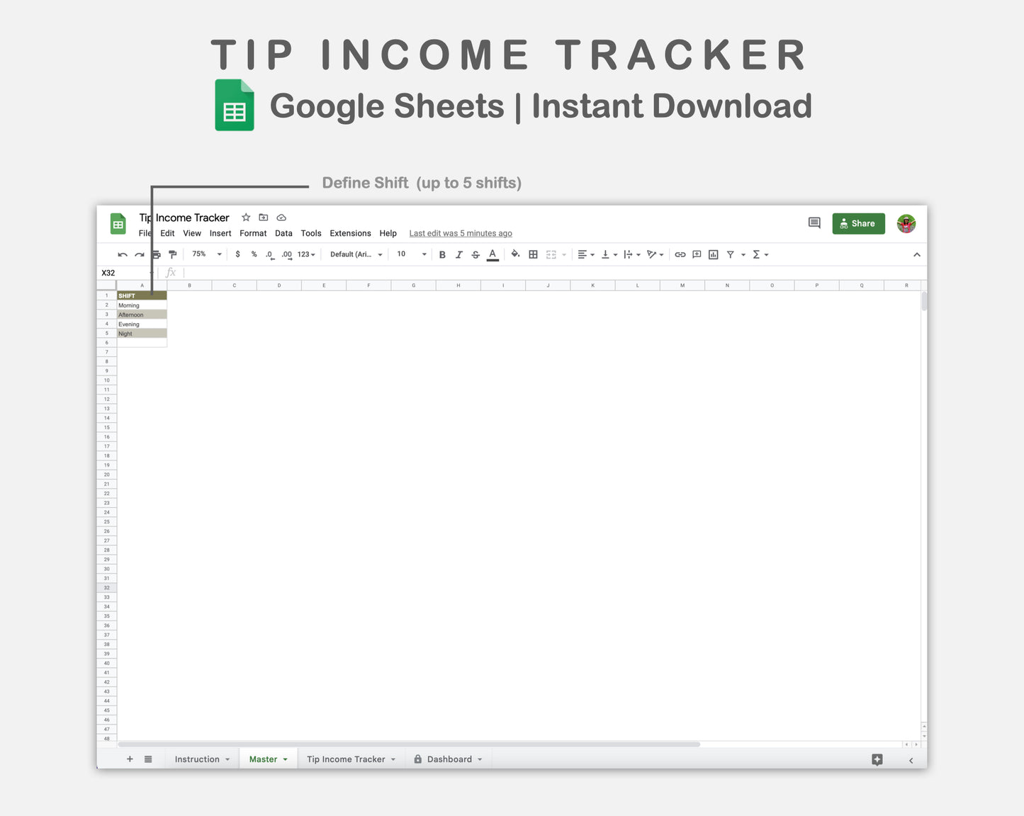 Google Sheets - Tip Income Tracker - Boho