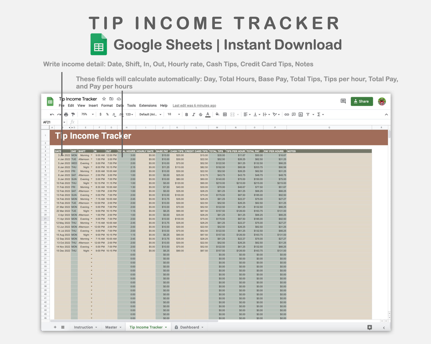 Google Sheets - Tip Income Tracker - Earthy