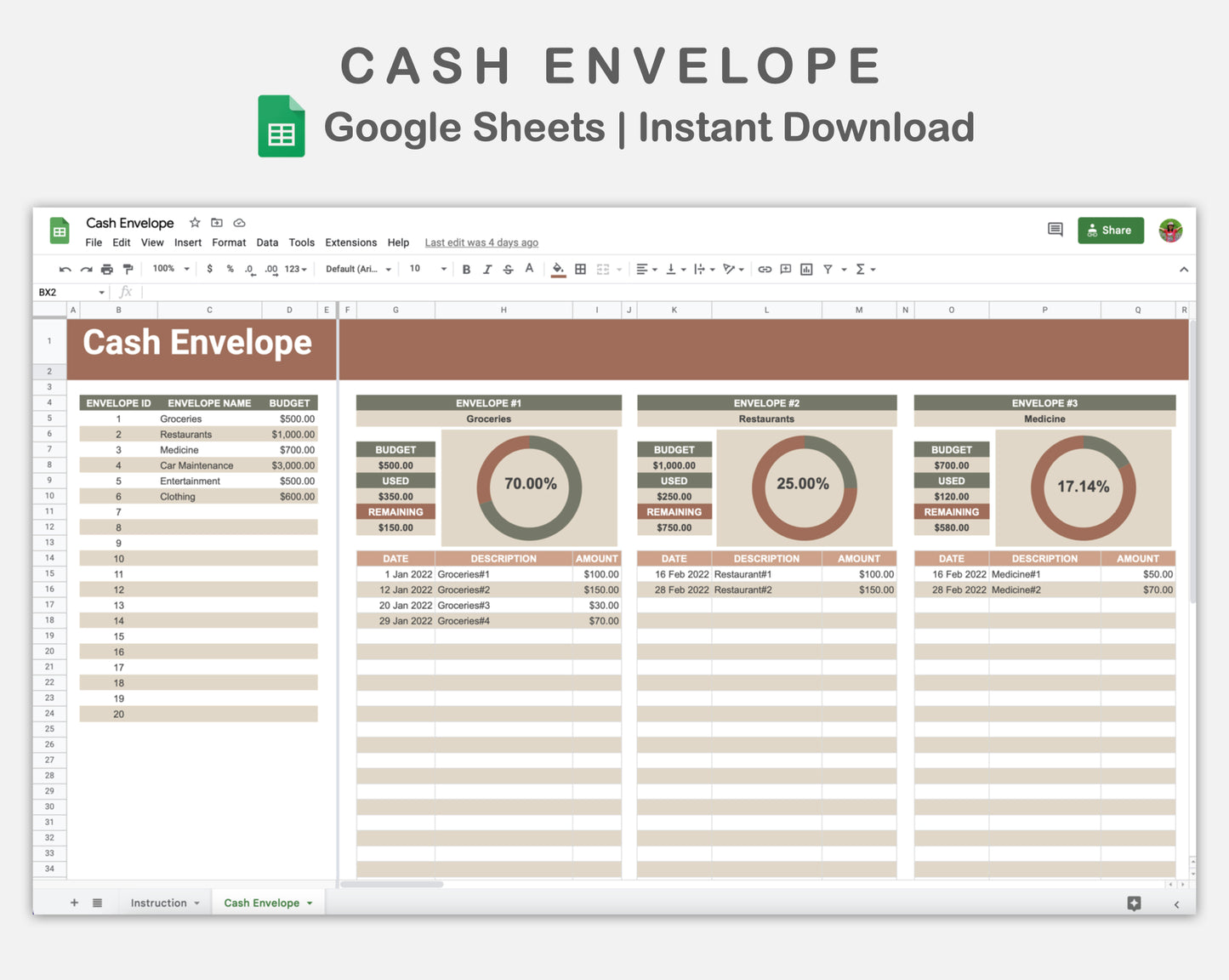 Google Sheets - Cash Envelope - Earthy