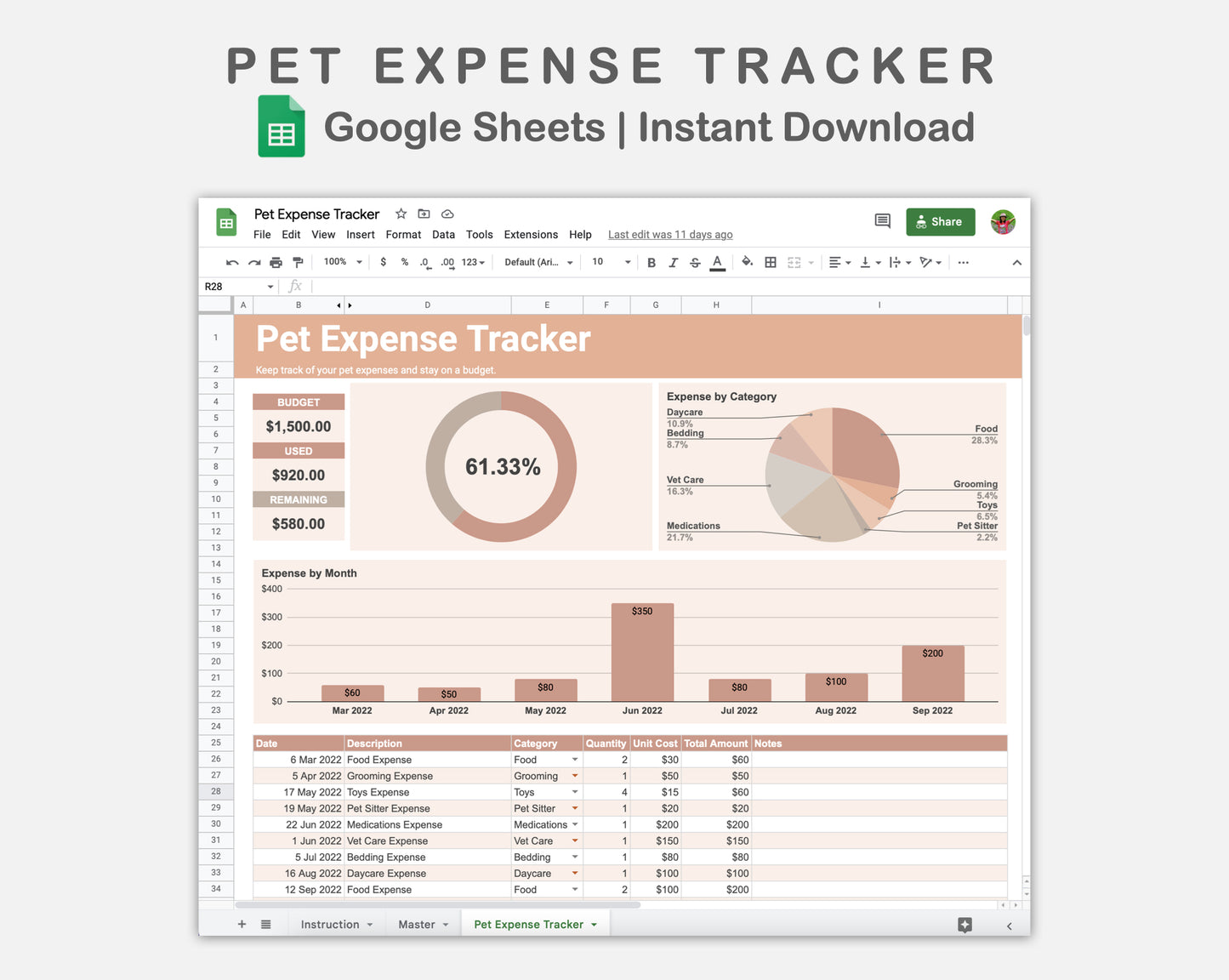 Google Sheets - Pet Expense Tracker - Neutral