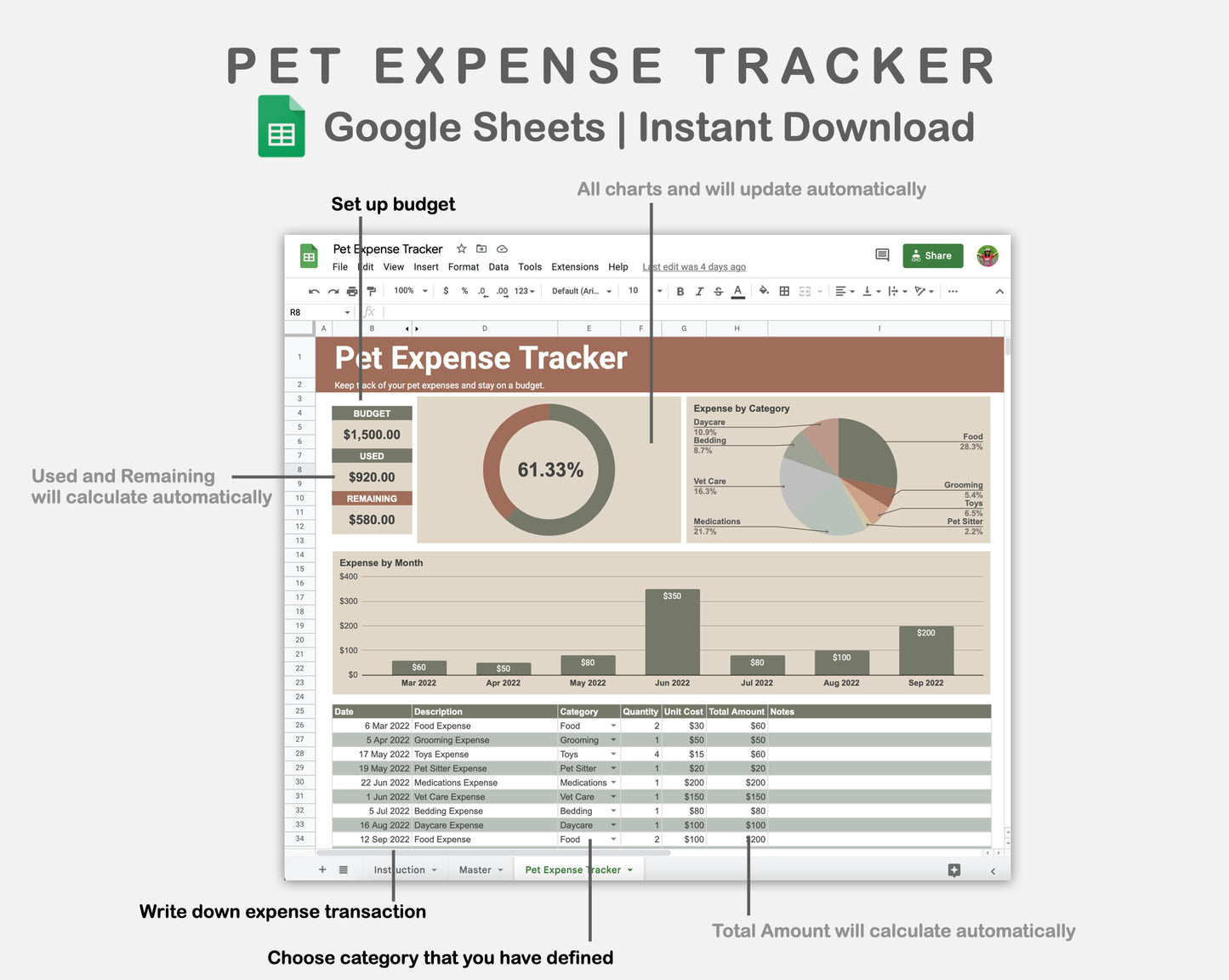 Google Sheets - Pet Expense Tracker - Earthy