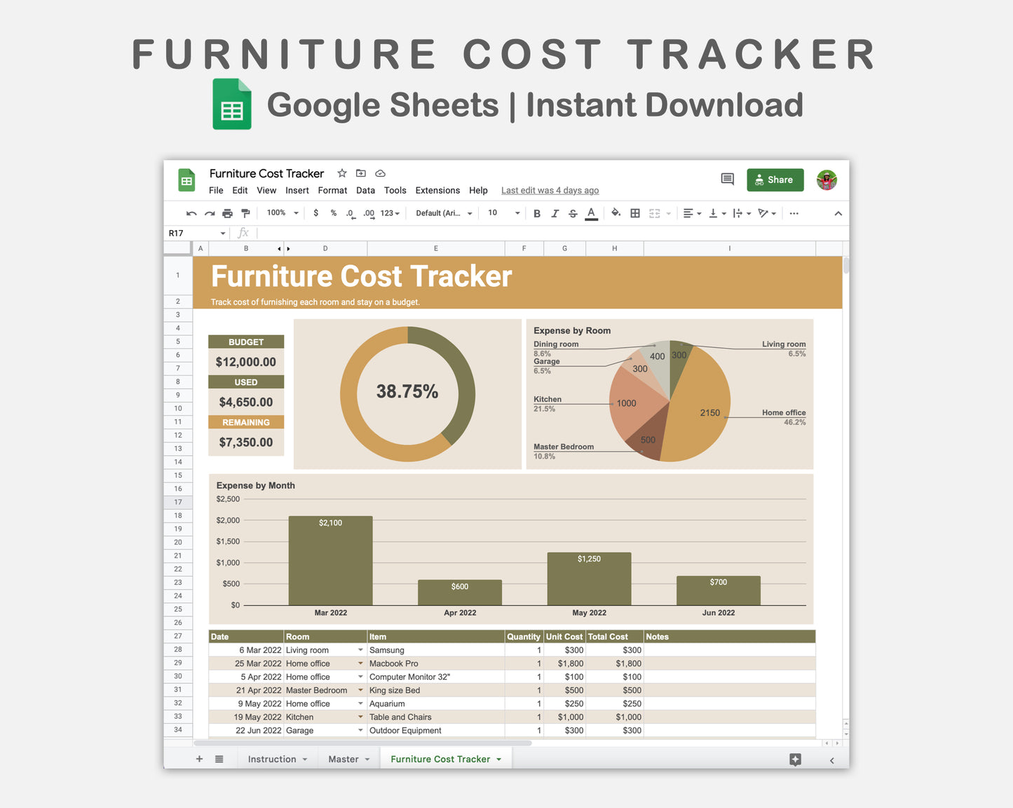 Google Sheets - Furniture Cost Tracker - Boho