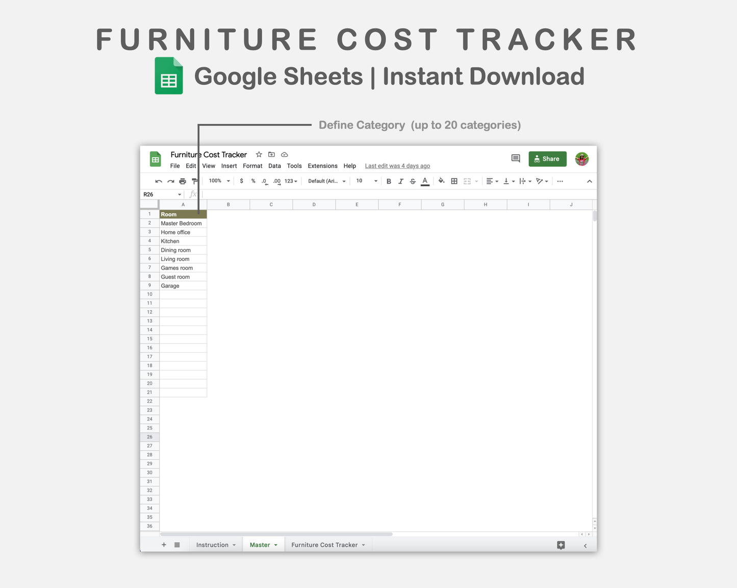 Google Sheets - Furniture Cost Tracker - Boho