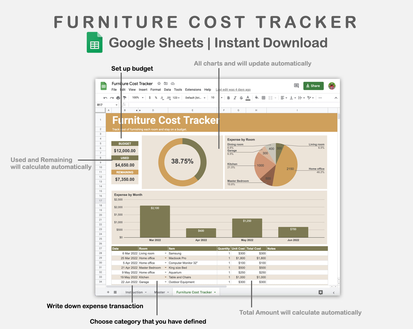 Google Sheets - Furniture Cost Tracker - Boho