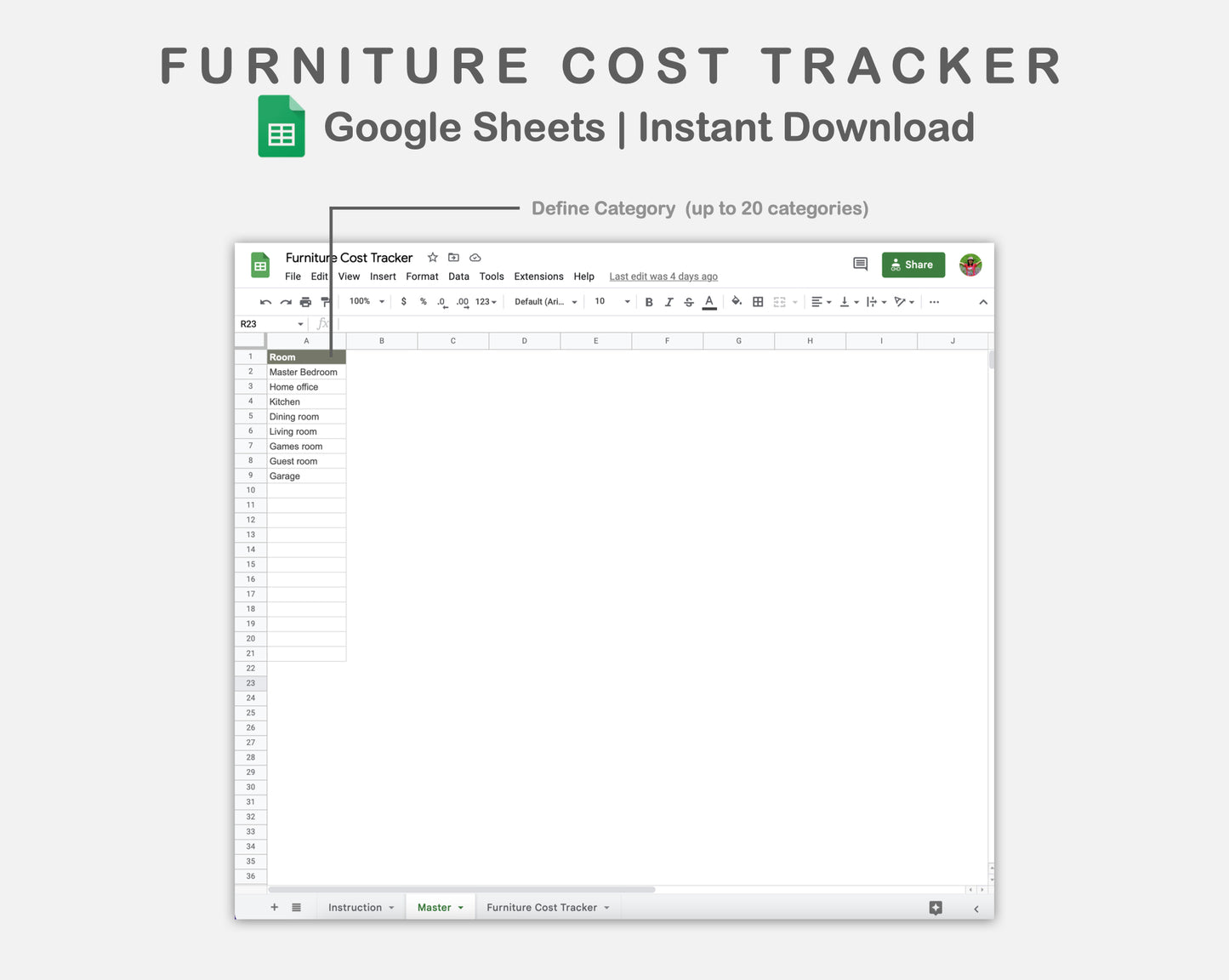 Google Sheets - Furniture Cost Tracker - Earthy