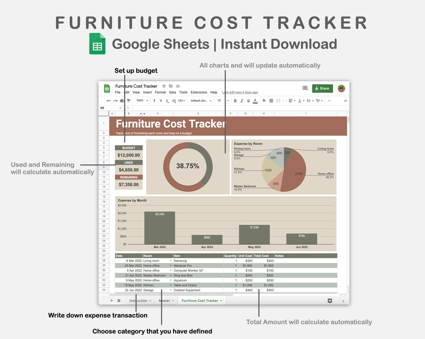 Google Sheets - Furniture Cost Tracker - Earthy
