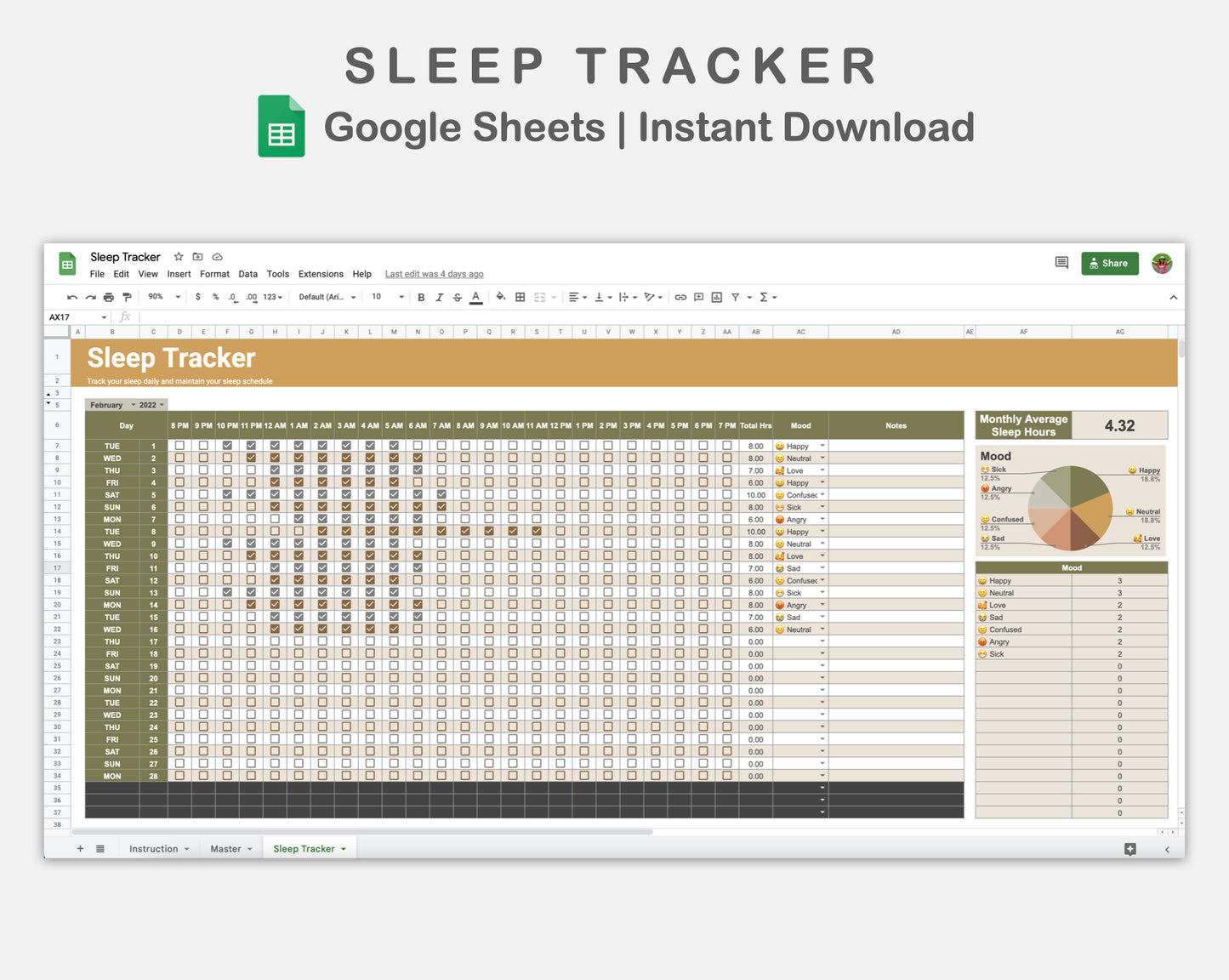 Google Sheets - Sleep Tracker - Boho