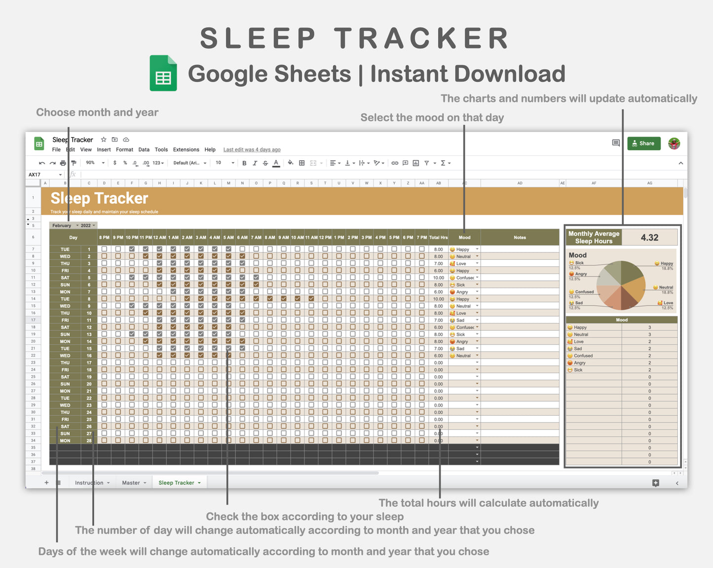 Google Sheets - Sleep Tracker - Boho