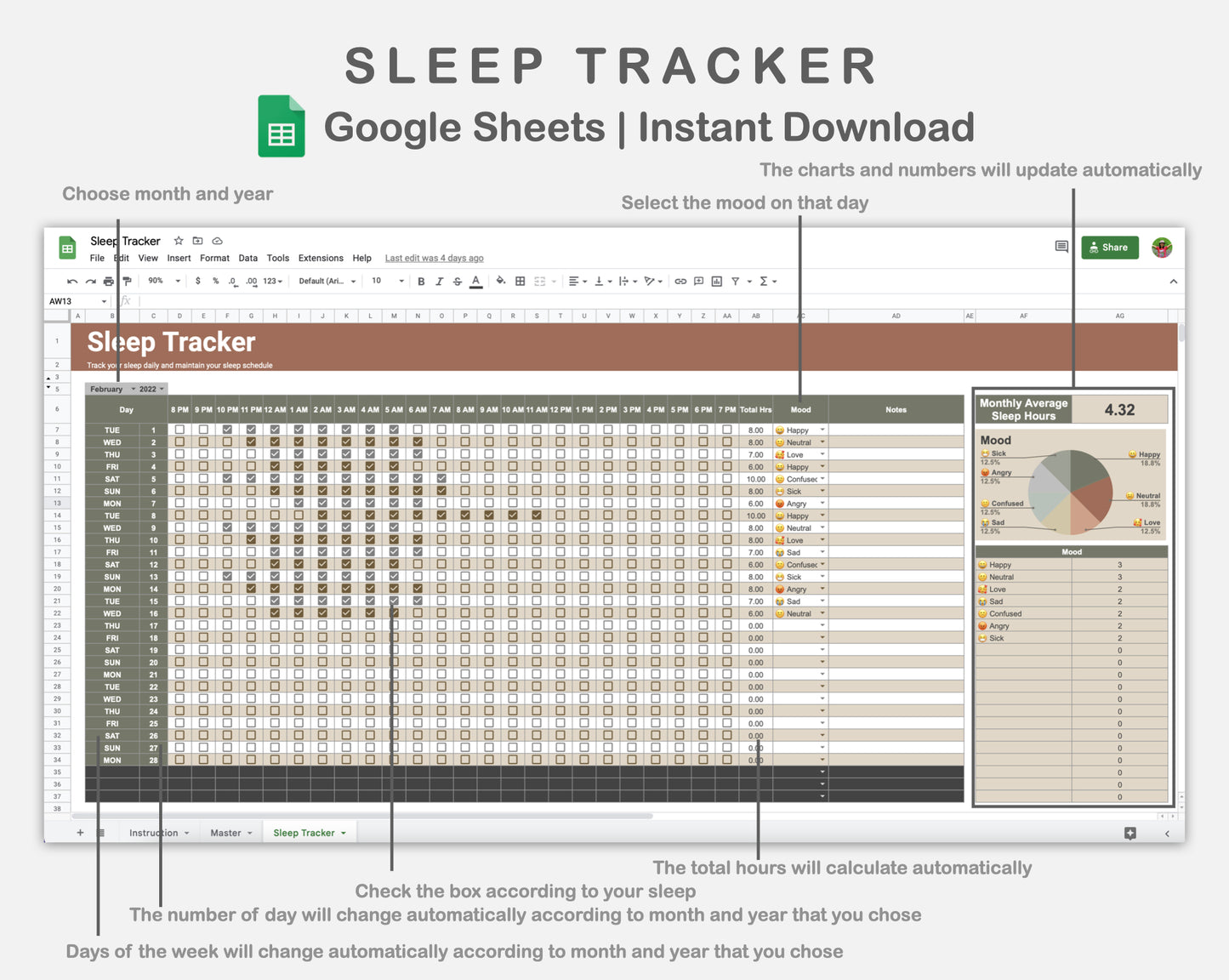 Google Sheets - Sleep Tracker - Earthy
