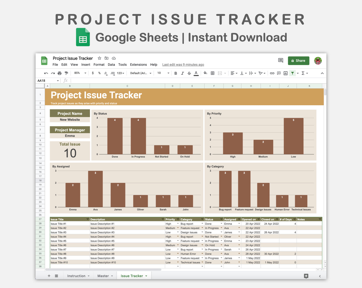 Google Sheets - Project Issue Tracker - Boho