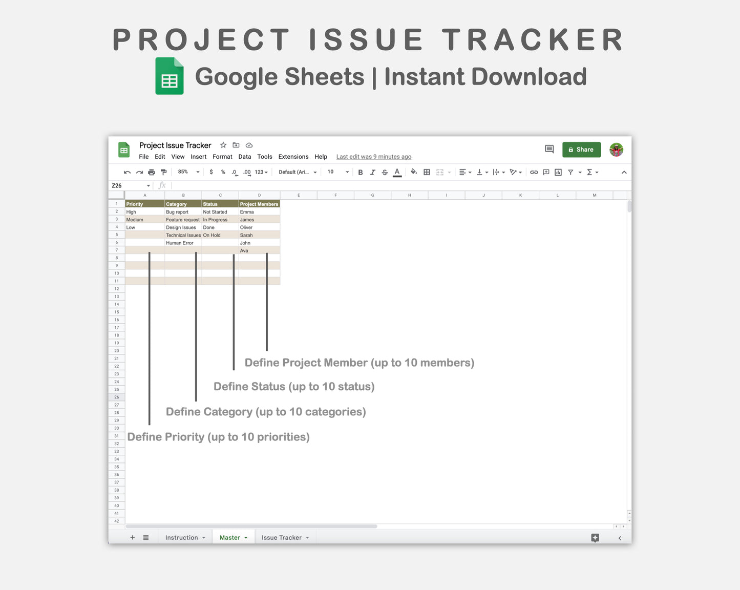 Google Sheets - Project Issue Tracker - Boho
