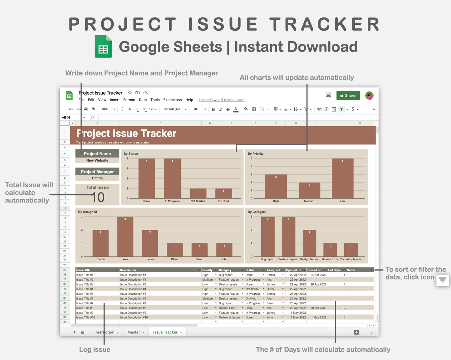 Google Sheets - Project Issue Tracker - Earthy