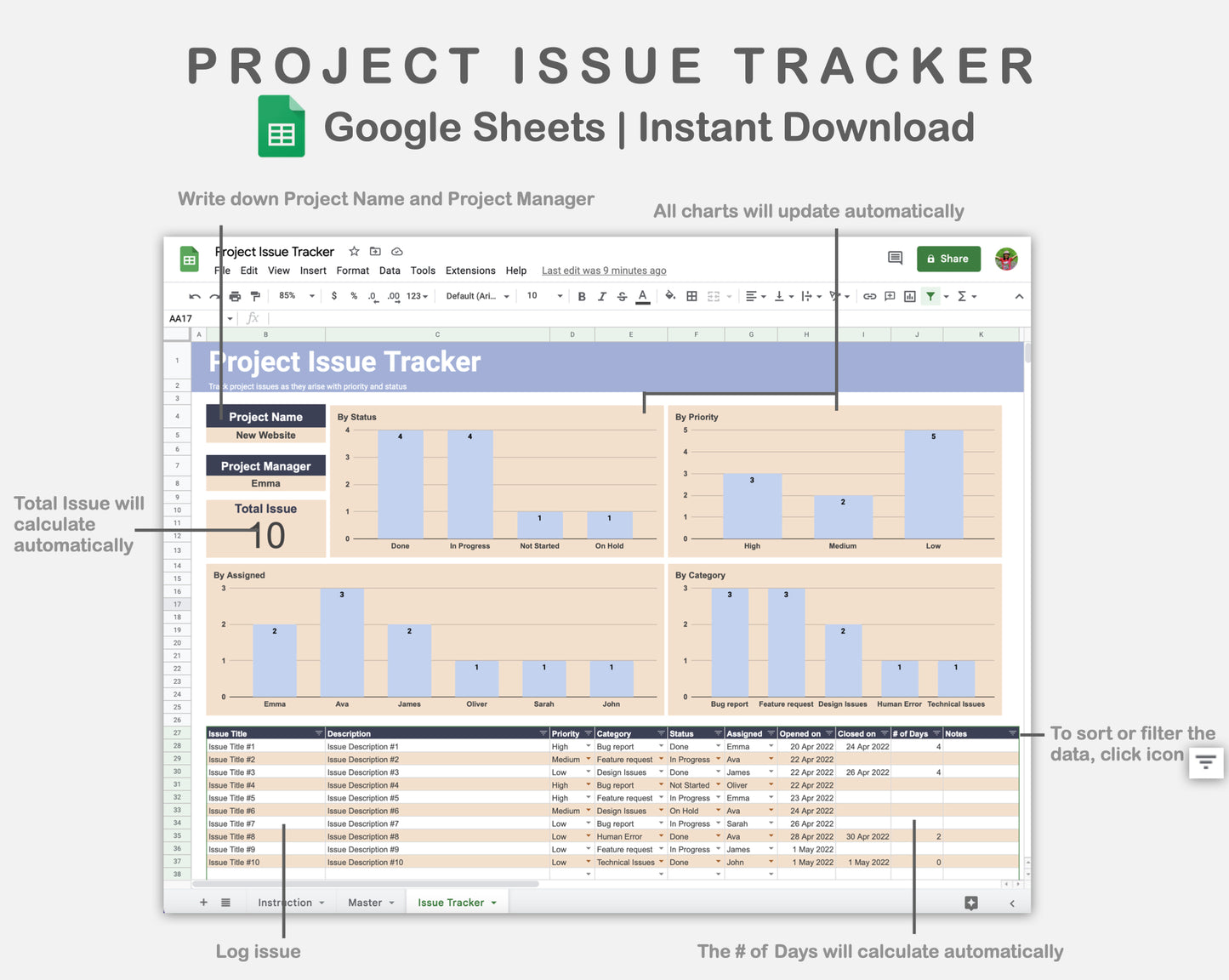 Google Sheets - Project Issue Tracker - Sweet