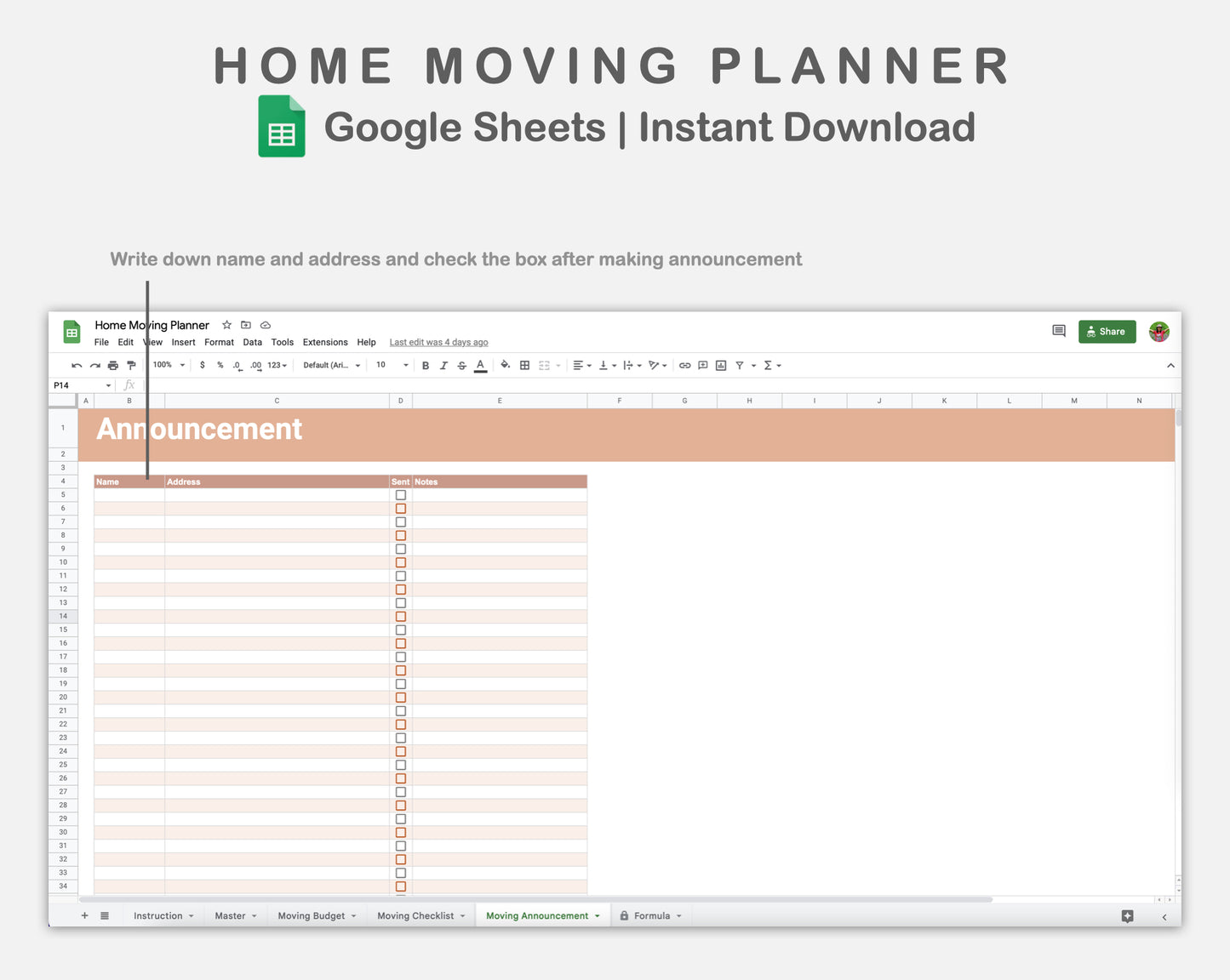 Google Sheets - Home Moving Planner - Neutral