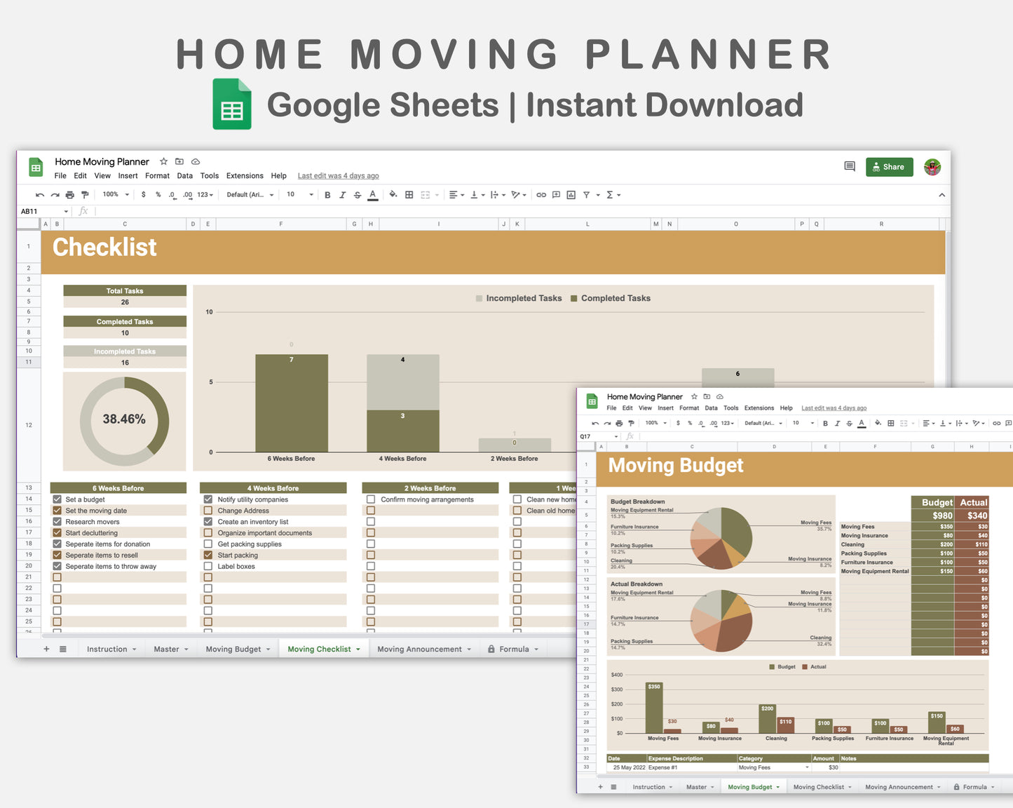 Google Sheets - Home Moving Planner - Boho