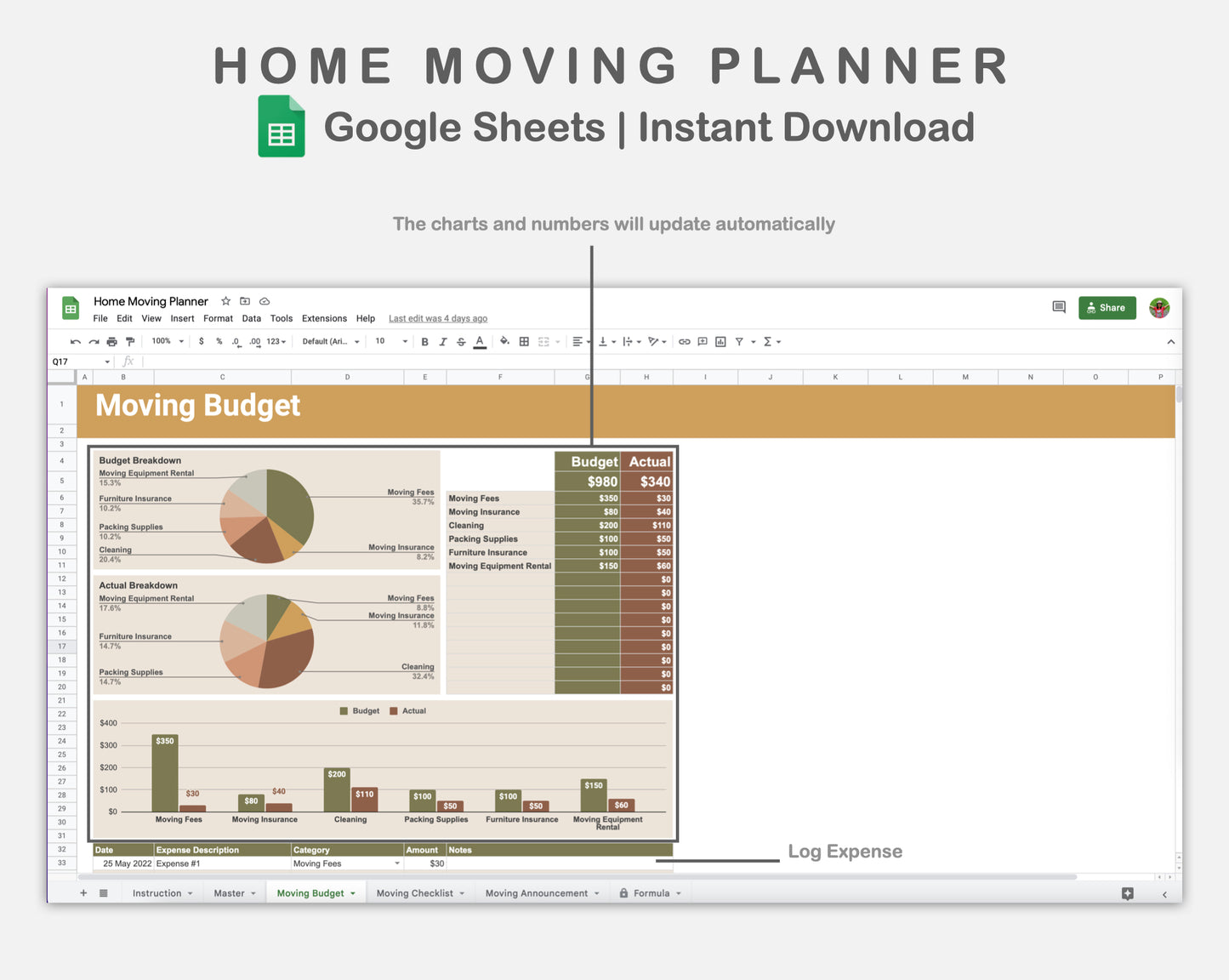 Google Sheets - Home Moving Planner - Boho