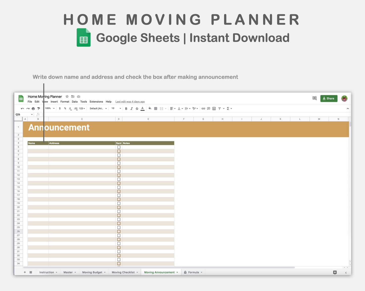 Google Sheets - Home Moving Planner - Boho