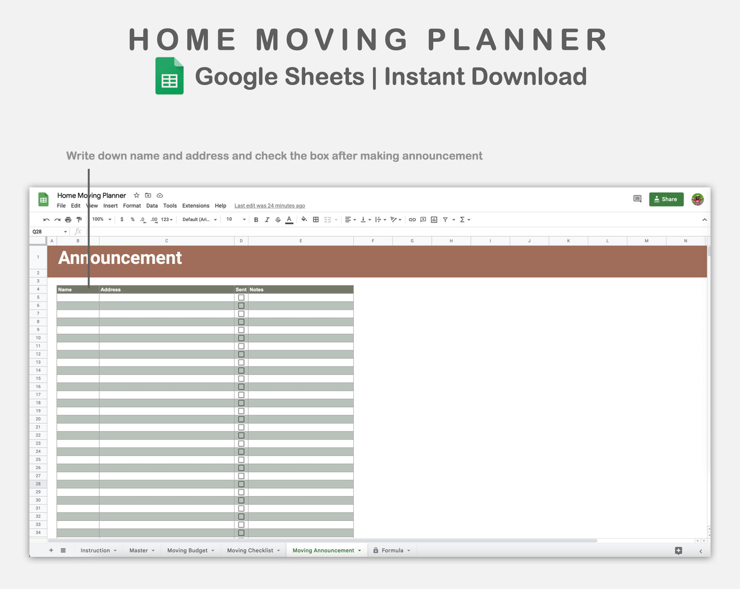 Google Sheets - Home Moving Planner - Earthy