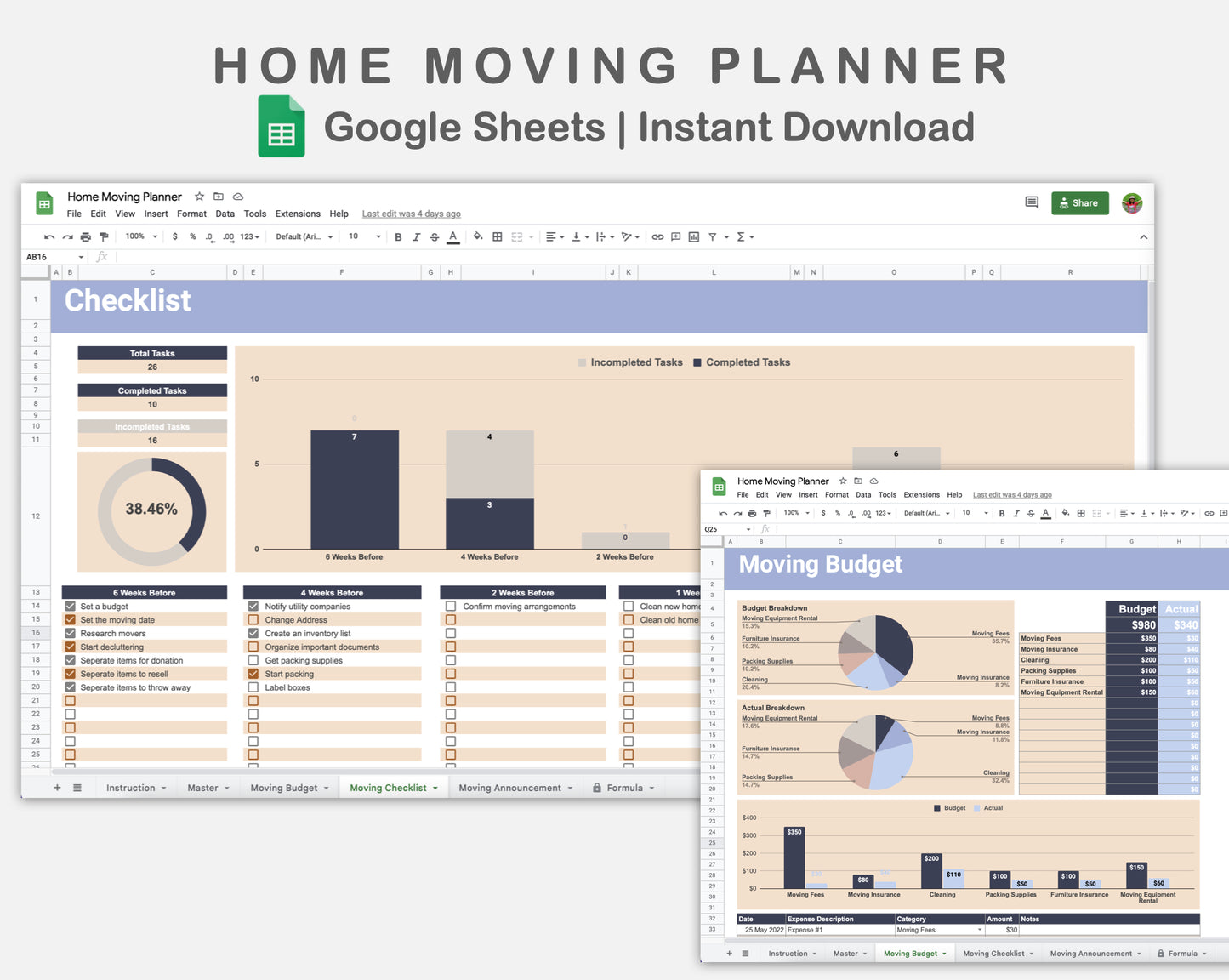 Google Sheets - Home Moving Planner - Sweet