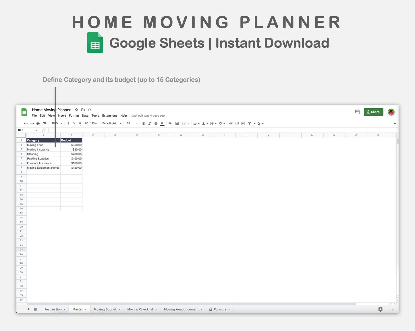 Google Sheets - Home Moving Planner - Sweet