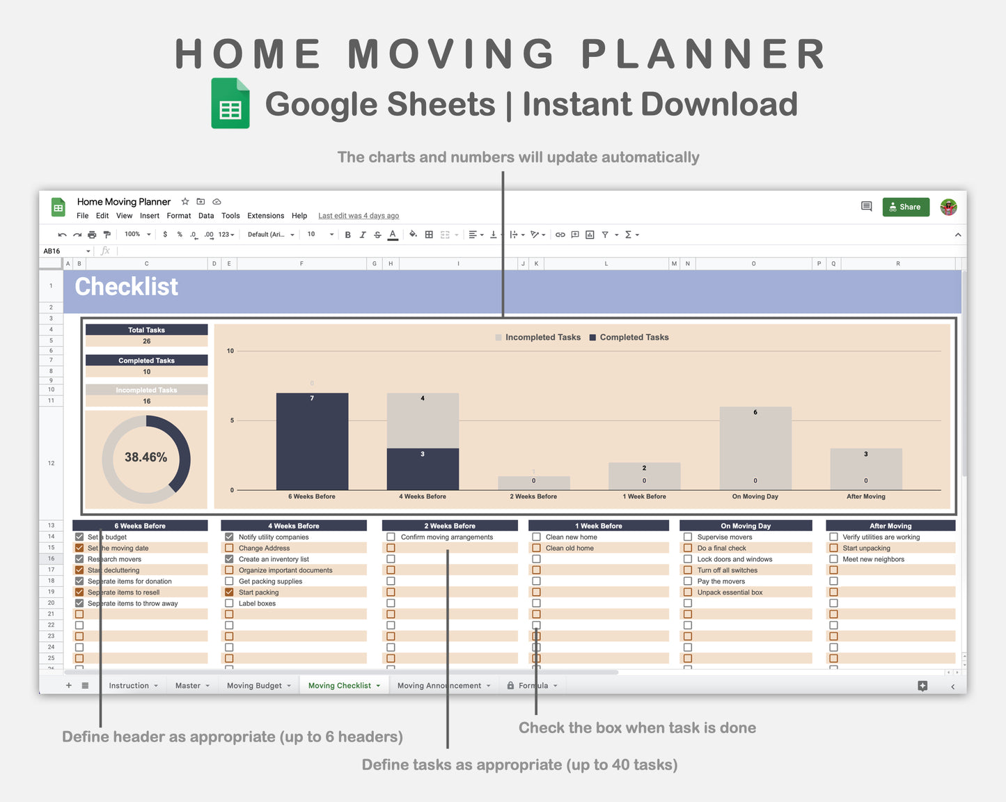 Google Sheets - Home Moving Planner - Sweet