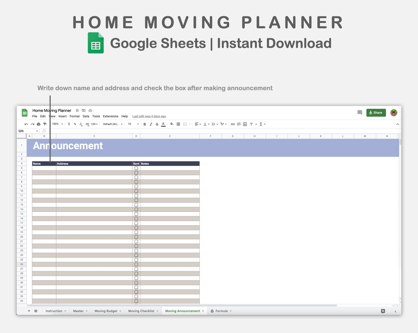 Google Sheets - Home Moving Planner - Sweet