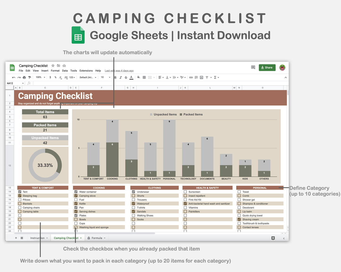 Google Sheets - Camping Checklist - Earthy