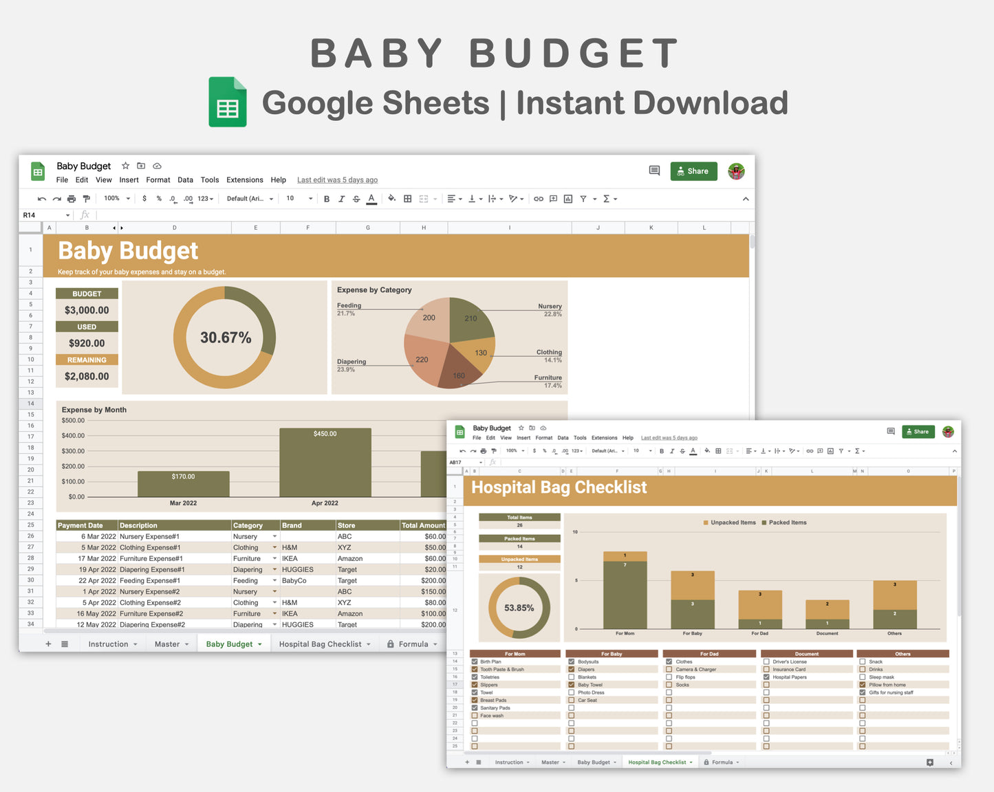 Google Sheets - Baby Budget - Boho