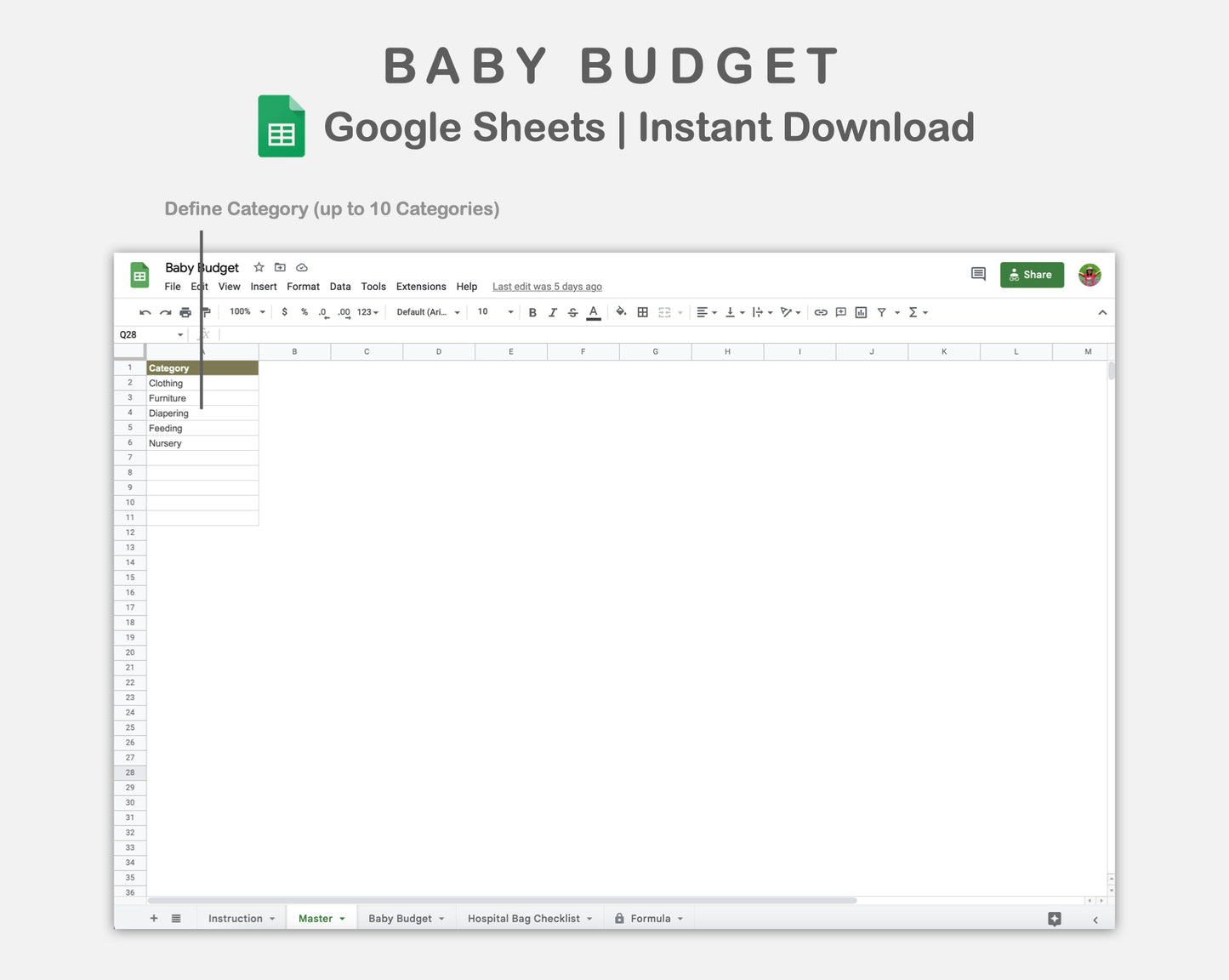 Google Sheets - Baby Budget - Boho