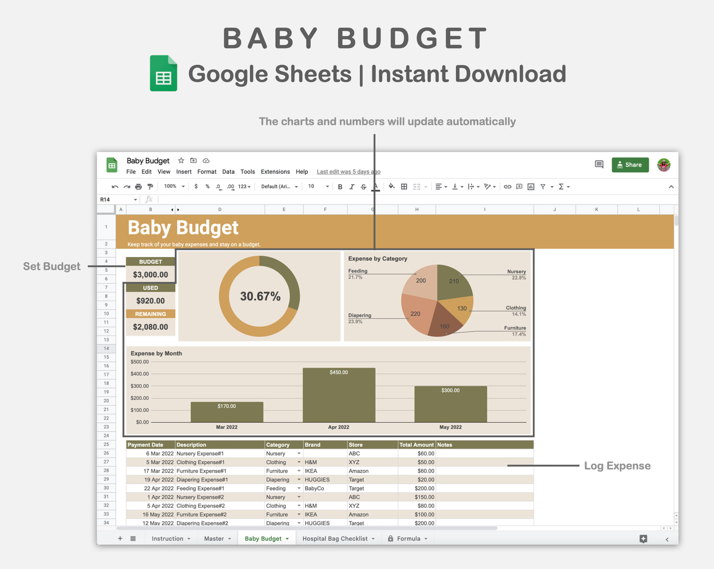 Google Sheets - Baby Budget - Boho