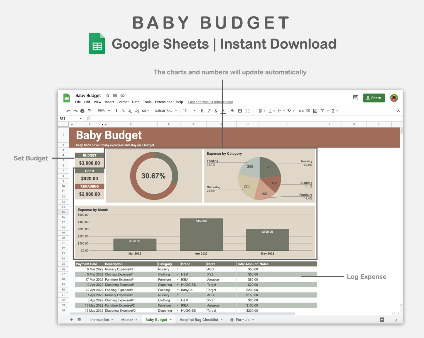 Google Sheets - Baby Budget - Earthy
