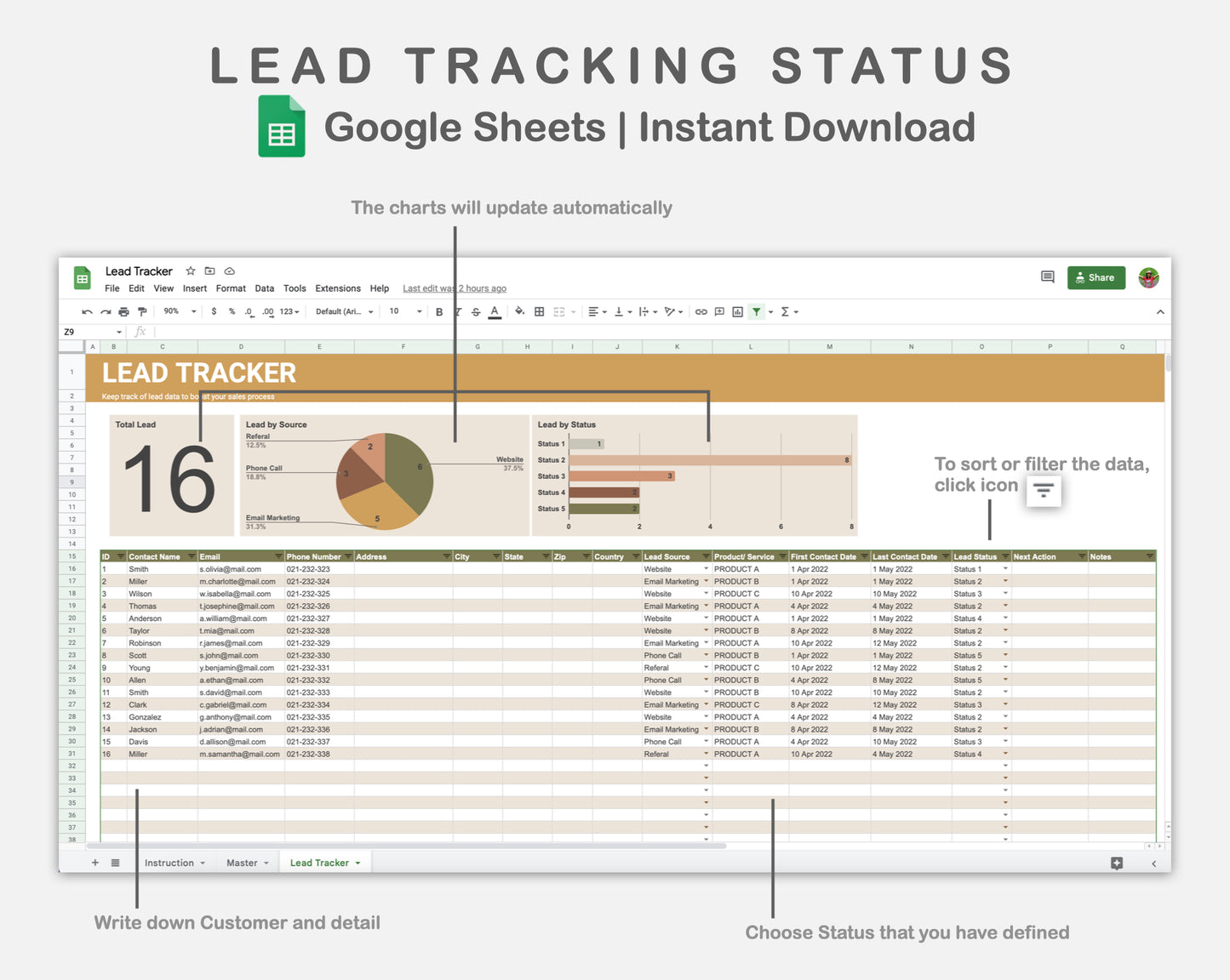 Google Sheets - Lead Tracking Status - Boho