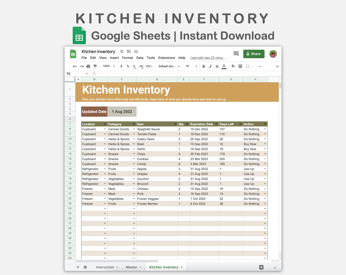 Google Sheets - Kitchen Inventory - Boho