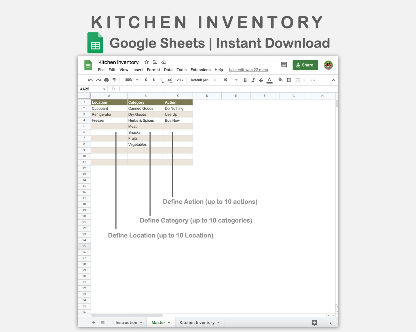 Google Sheets - Kitchen Inventory - Boho