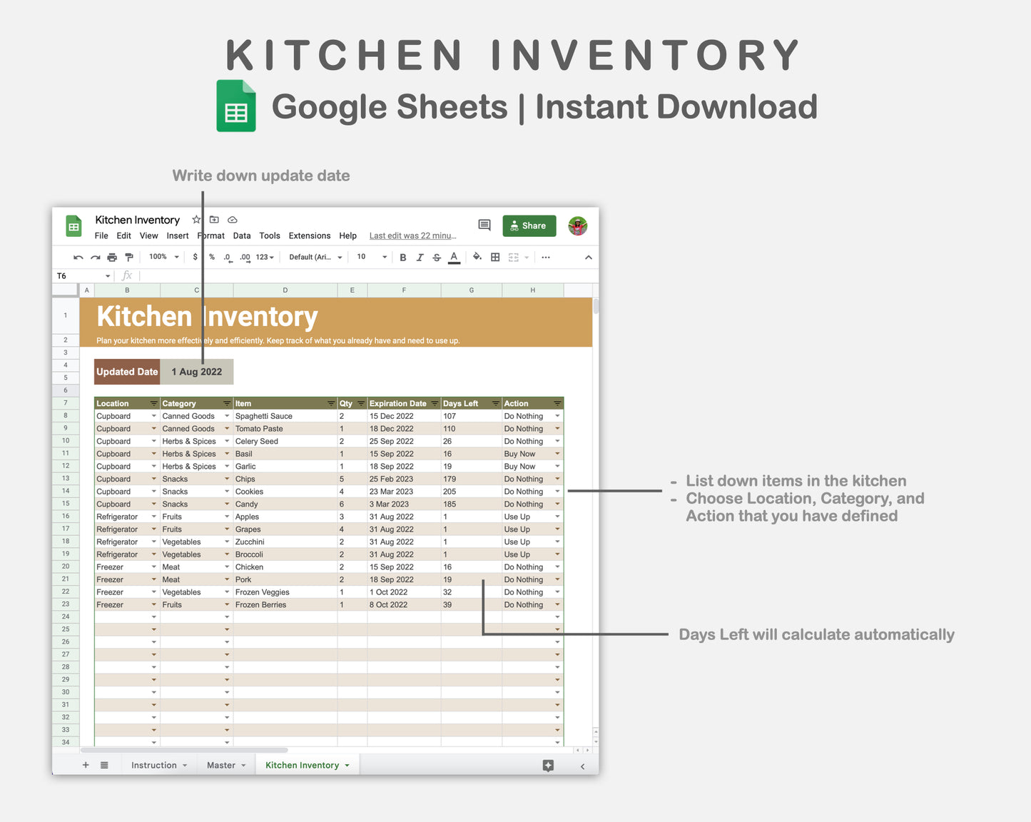 Google Sheets - Kitchen Inventory - Boho