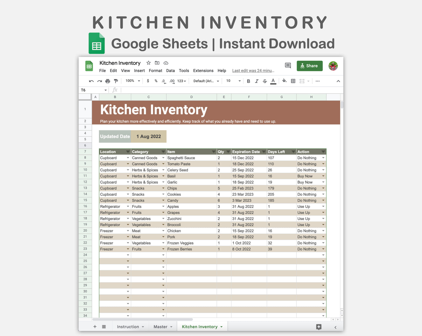 Google Sheets - Kitchen Inventory - Earthy
