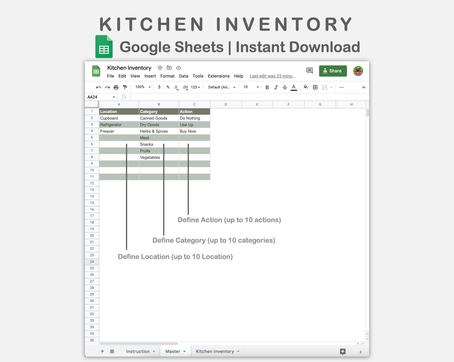 Google Sheets - Kitchen Inventory - Earthy