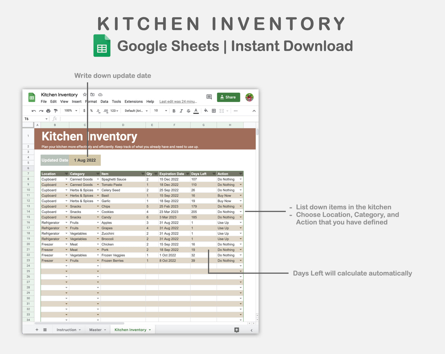 Google Sheets - Kitchen Inventory - Earthy