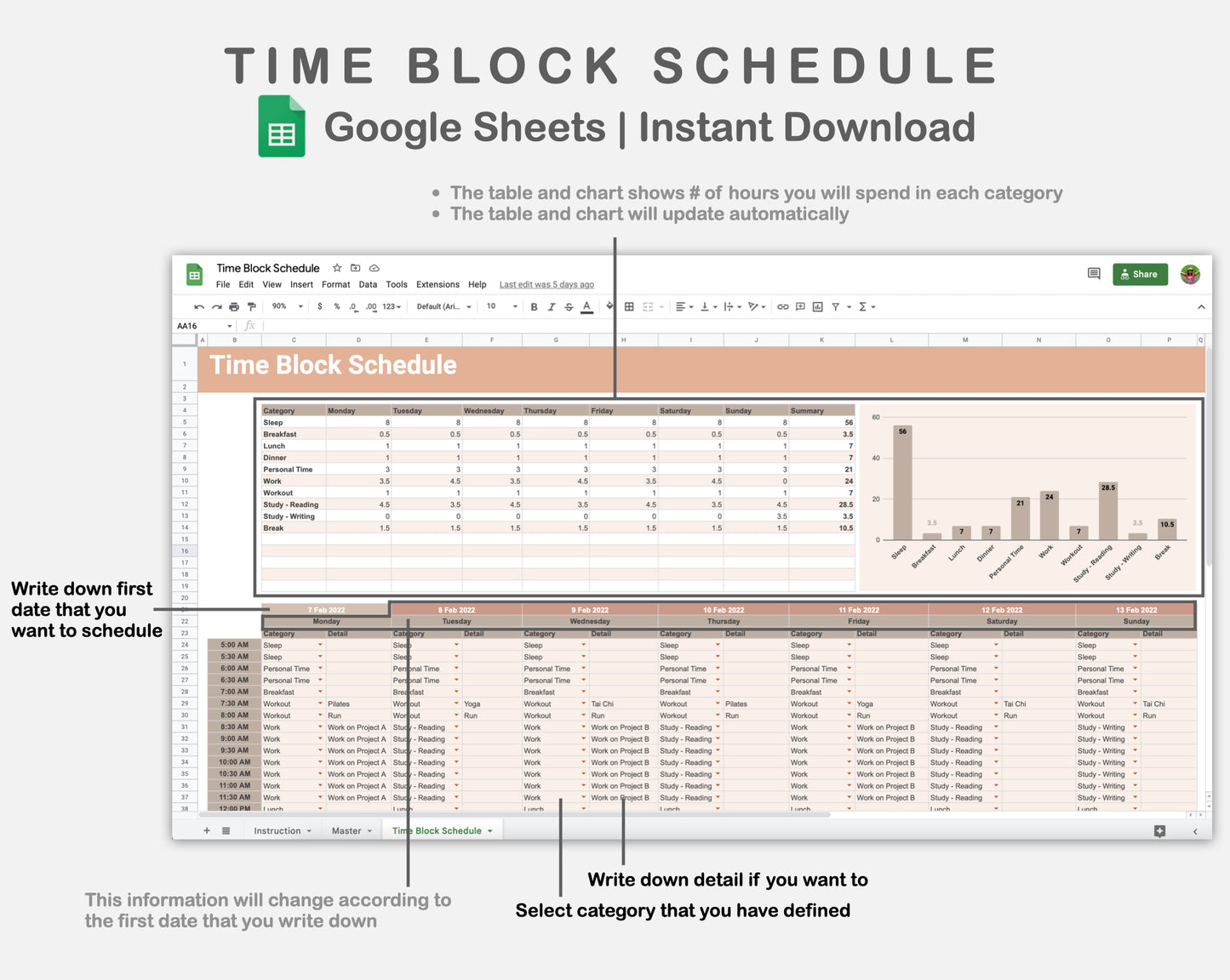 Google Sheets - Time Block Schedule - Neutral