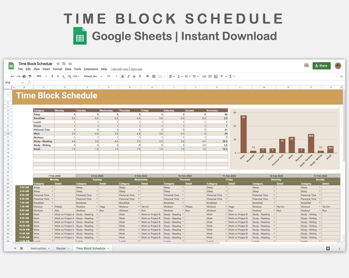 Google Sheets - Time Block Schedule - Boho
