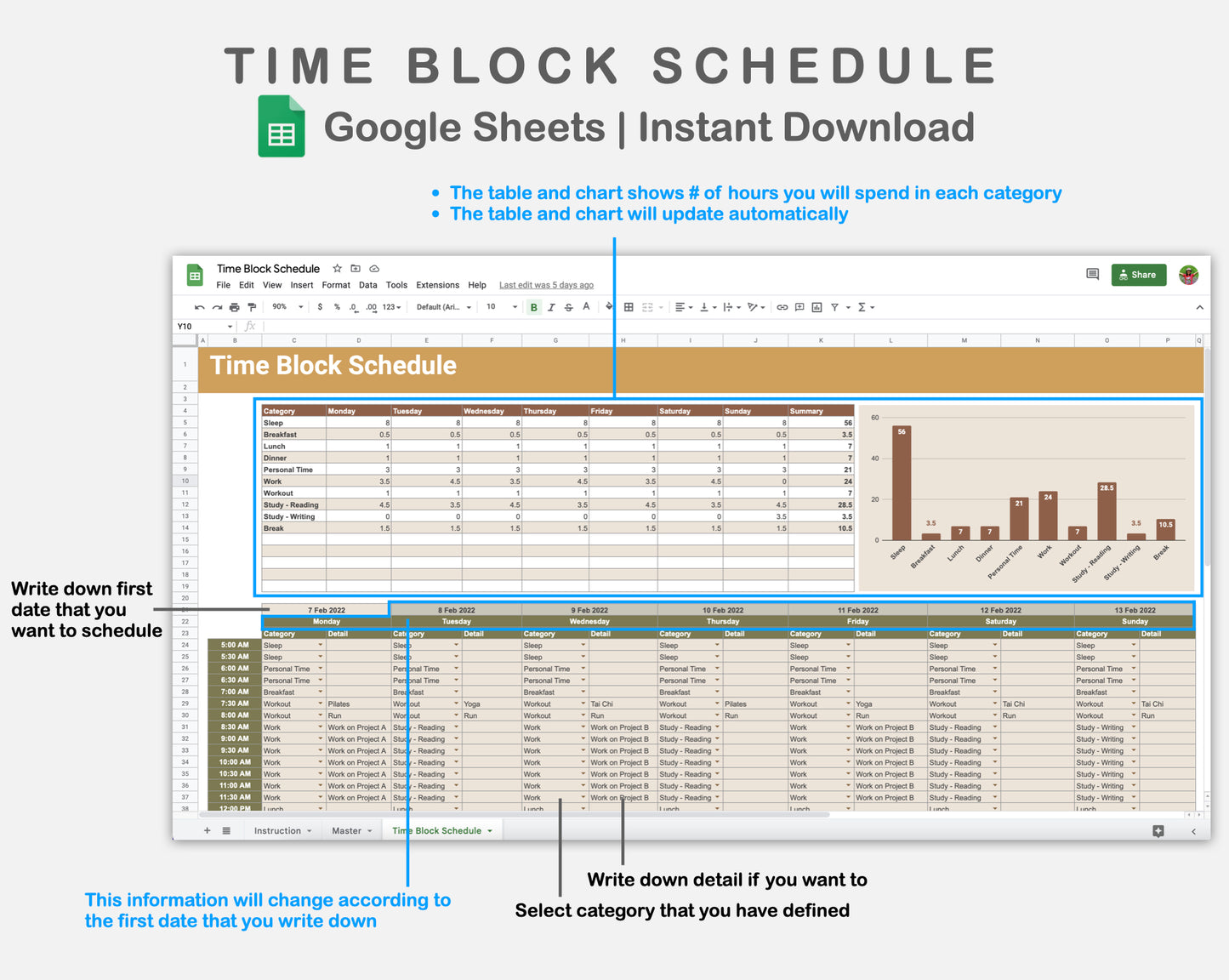 Google Sheets - Time Block Schedule - Boho