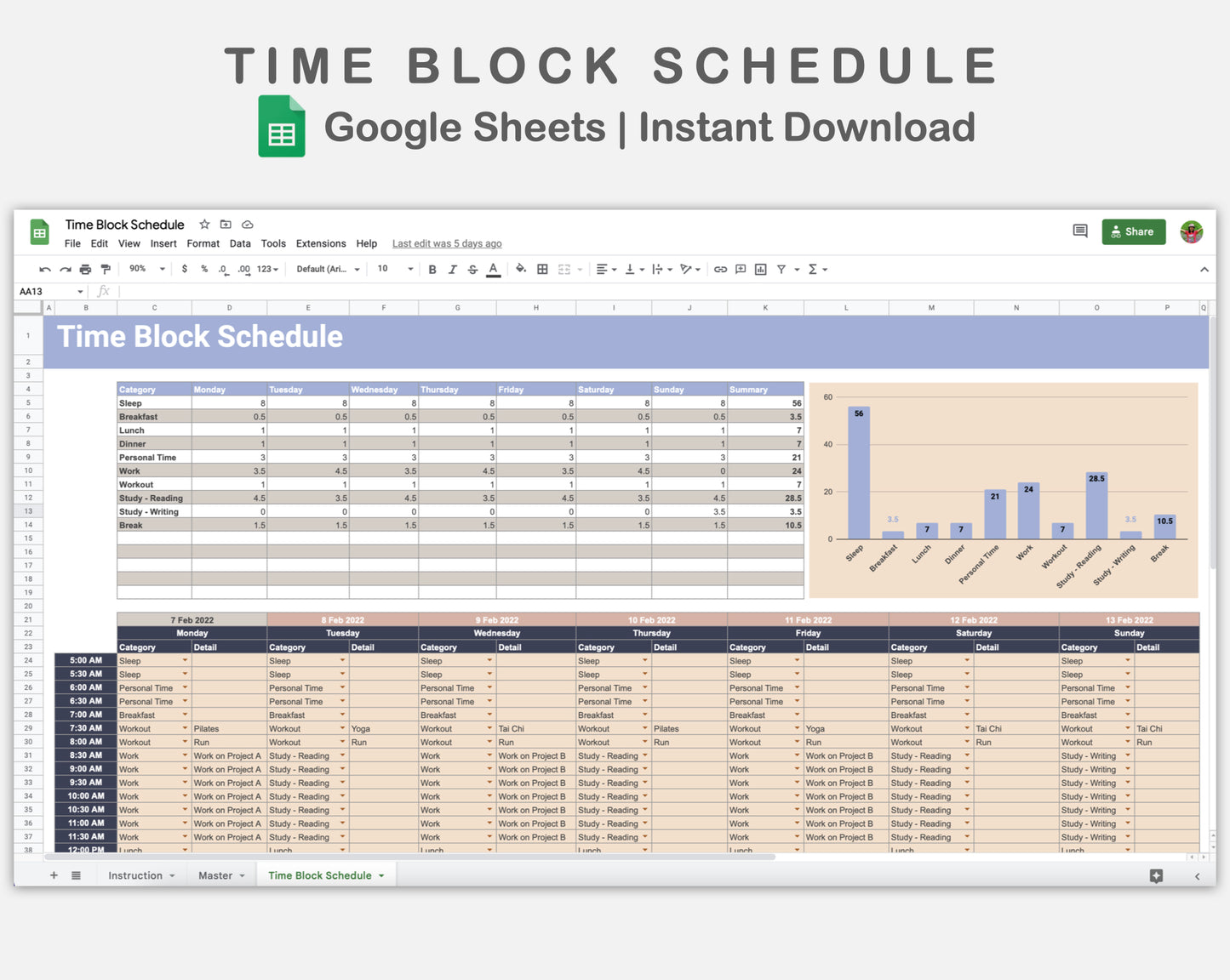 Google Sheets - Time Block Schedule - Sweet