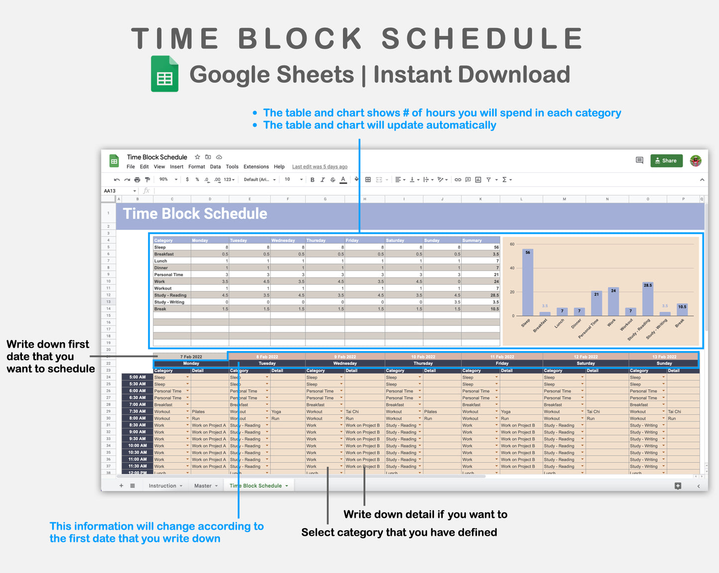 Google Sheets - Time Block Schedule - Sweet