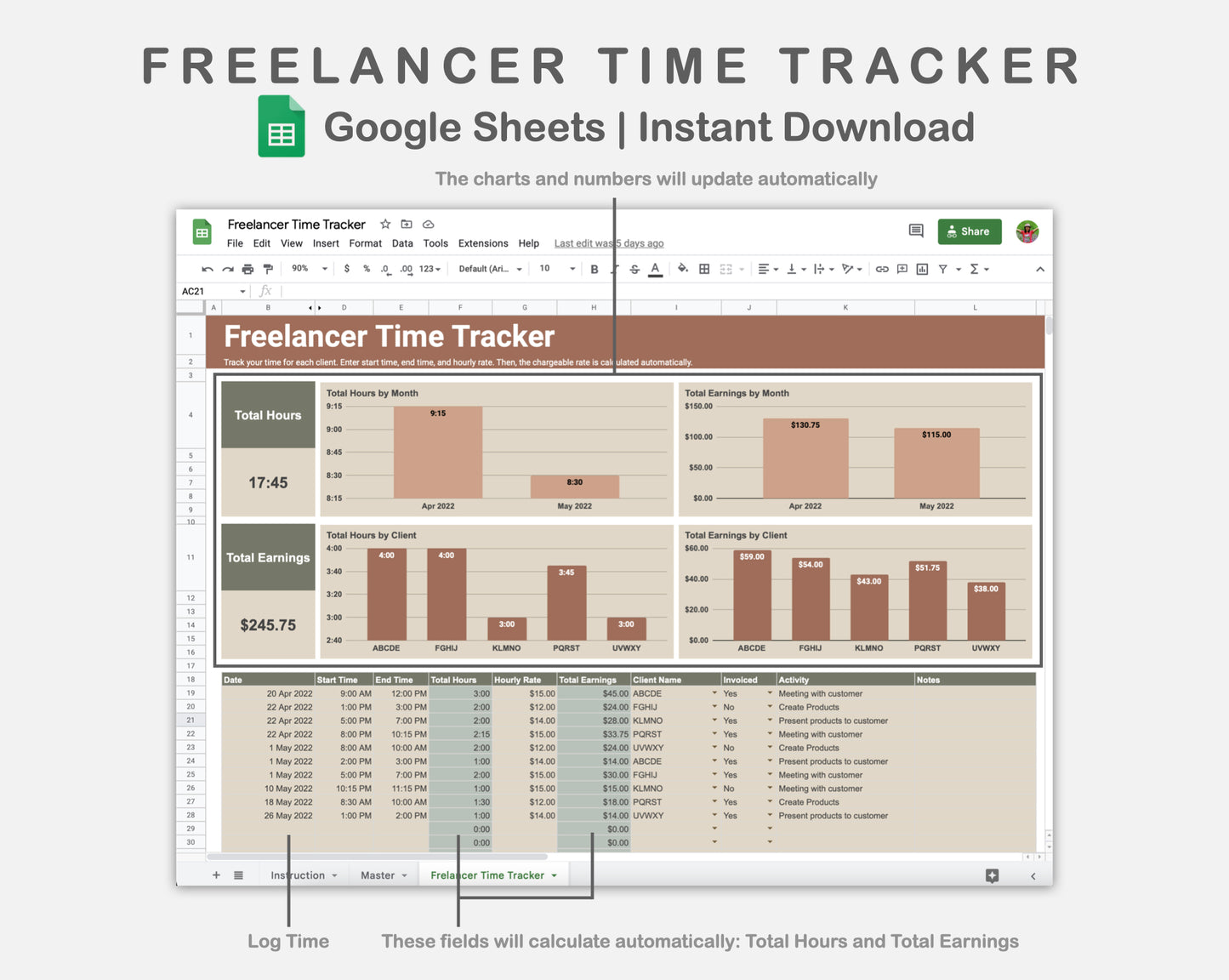 Google Sheets - Freelancer Time Tracker - Earthy