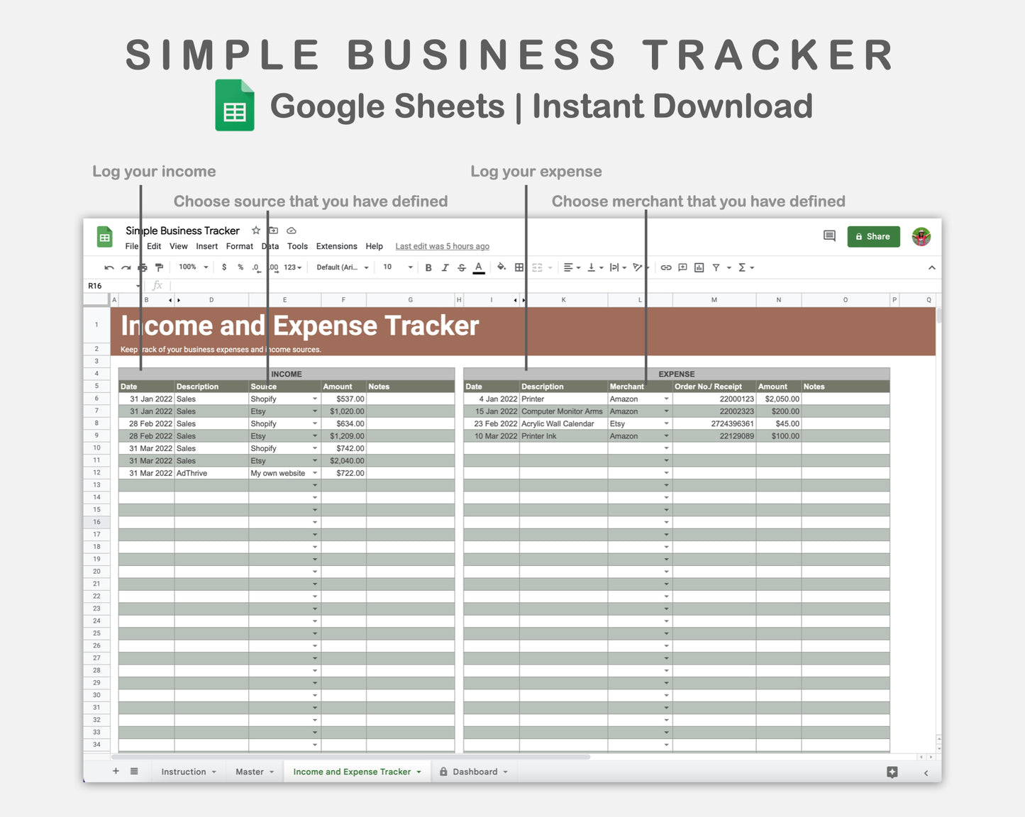 Google Sheets - Simple Business Tracker  - Earthy