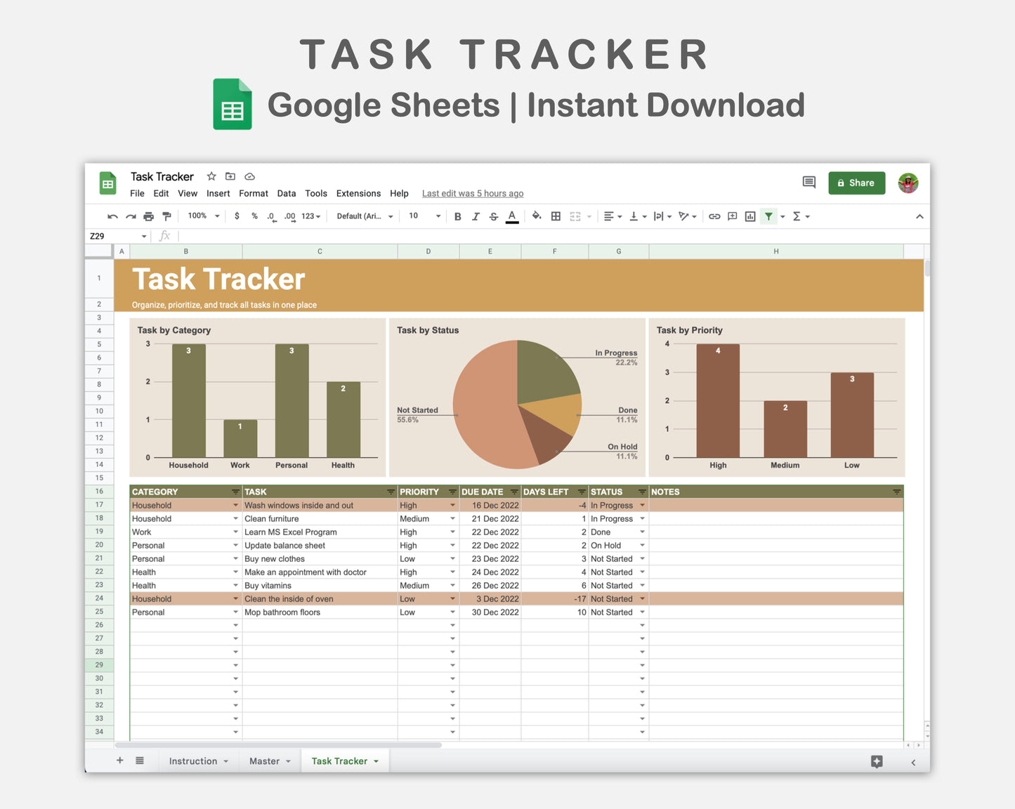 Google Sheets - Task Tracker  - Boho