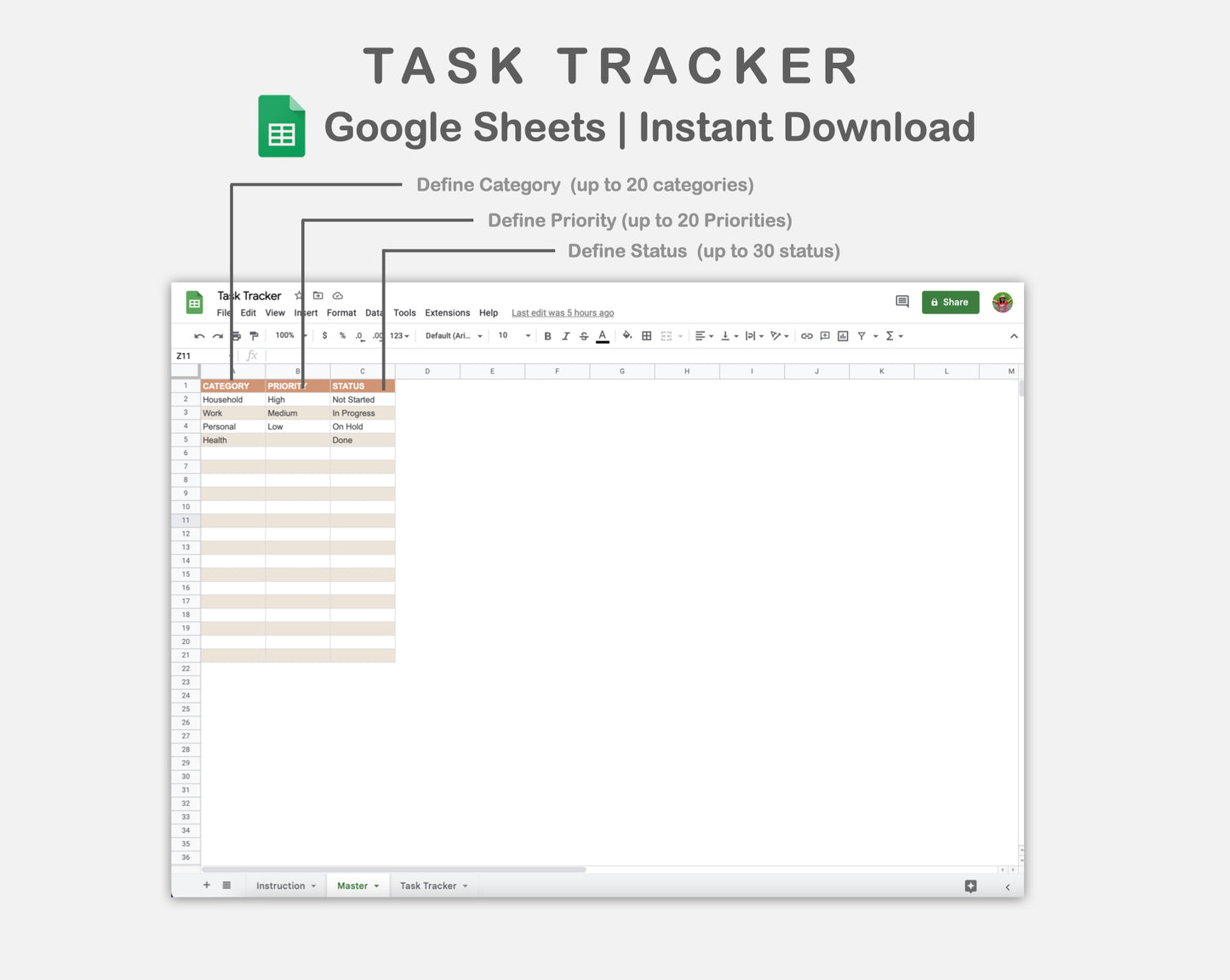 Google Sheets - Task Tracker  - Boho
