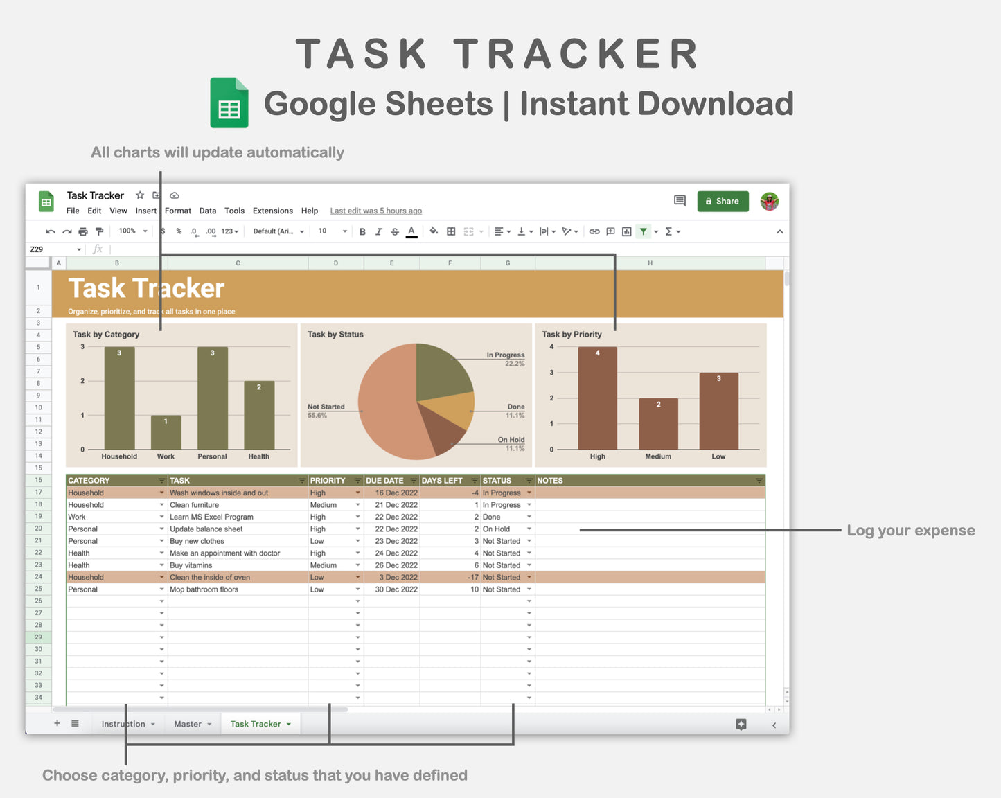 Google Sheets - Task Tracker  - Boho