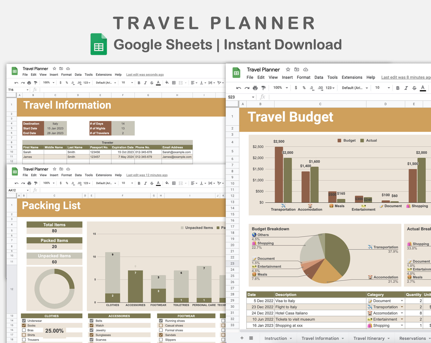 Google Sheets - Travel Planner  - Boho